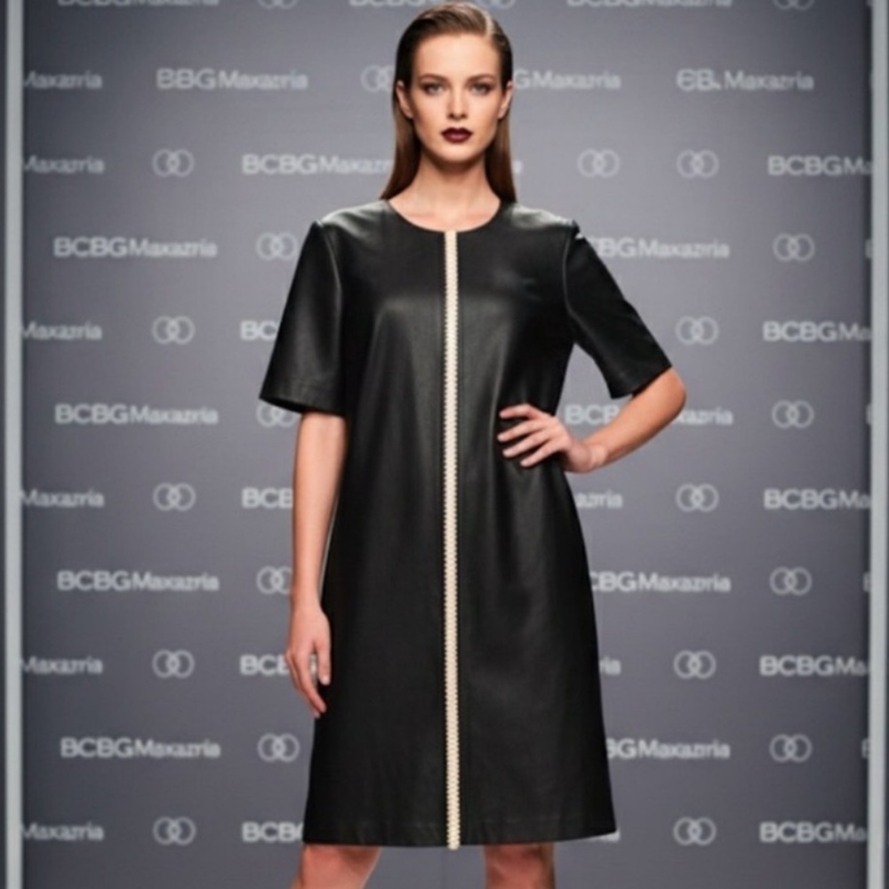 New Authentic BCBGMaxazria black faux leather designer dress sz L